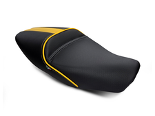 Sargent Motorcycle Seat on the Ducati Scrambler with Ducati Yellow Cafe Racing styling.